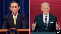 រូបផ្គុំ៖ នាយករដ្ឋមន្រ្តីជប៉ុនលោក Yoshihide Suga ថ្លែង​នៅ​ទីក្រុង​តូក្យូ​នៅ​ថ្ងៃទី៤ ខែធ្នូ ឆ្នាំ ២០២០ និង​ប្រធានាធិបតី​អាមេរិក​លោក Joe Biden ថ្លែង​នៅ​សេតវិមាន​ក្នុង​រដ្ឋធានី​វ៉ាស៊ីនតោន​នៅ​ថ្ងៃទី១១ ខែមីនា ឆ្នាំ២០២១។ 