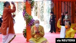 India's Prime Minister Narendra Modi attends the foundation-laying ceremony of a Hindu temple in Ayodhya, August 5, 2020. (India's Press Information Bureau/Handout via Reuters)