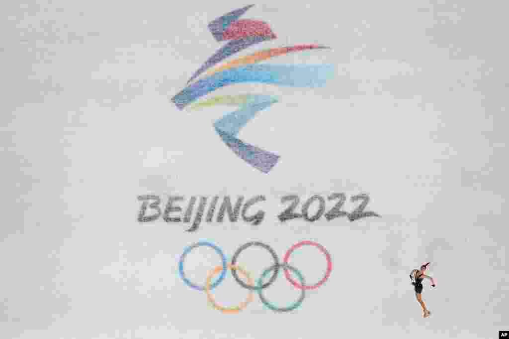 Eliska Brezinova of the Czech Republic competes in the women&#39;s short program team figure skating competition, Feb. 6, 2022.