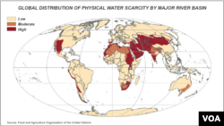 Dunyo bo'ylab suv qanchalik tanqis ekanini ko'rsatuvchi xarita... Qizil rangdagi mintaqalarda ob-hayot ayniqsa qiyin masala. 