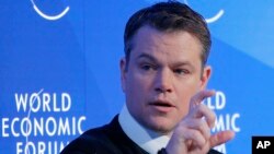 U.S. actor Matt Damon gestures as he speaks at the World Economic Forum in Davos, Switzerland, Jan. 17, 2017. 