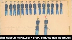 "Inspection of Indian Prisoners, Fort Marion, Fla." 1875 ledger drawing by Cheyenne POW Making Medicine. NAA MS 39B.