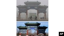 Cyclists ride past a traditional Chinese gateway during a day murky from fog and pollution in Beijing, on Oct. 26, 2007, top, and the same location on Feb. 5, 2022. (AP Photo/Ng Han Guan, File)