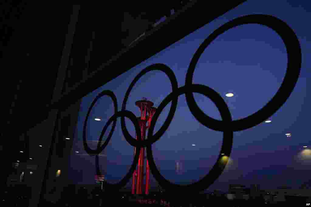 The Beijing Olympic Tower is displayed inside the Olympic rings at the main media center, Jan. 31, 2022.