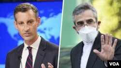 از راست به چپ، علی باقری کنی، معاون سیاسی وزارت خارجهٔ ایران، و چپ به راست، ند پرایس، سخنگوی وزارت خارجهٔ امریکا