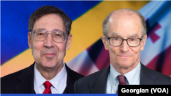 ფოტოზე, ჯონ ჰერბსტი და დენ ფრიდი, საქართველოს და უკრაინის დროშების ფონზე.