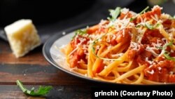 Spaghetti alla Amatriciana with pancetta bacon, tomatoes and pecorino cheese