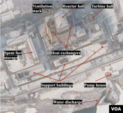 A satellite image of North Korea's plutonium producing 5-MW reactor at the Yongbyon nuclear facility captured on Feb. 1 showing snow melts over the roofs of heat exchangers, ventilation stack, and turbine hall. Source: Ollie Heinonen at 38 North, Stimson