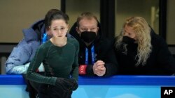 Kamila Valieva of the Russian Olympic Committee trains at the 2022 Winter Olympics, Feb. 10, 2022, in Beijing.