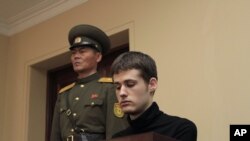 Matthew Miller, a U.S. citizen, sits on the dock at the Supreme Court during his trial in Pyongyang, North Korea, Sept. 14, 2014.