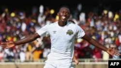 Kariobangi Sharks midfielder Duke Abuya celebrates after scoring during a friendly football match between the Sharks and English Premier League side Everton in Nairobi, July 7, 2019. 