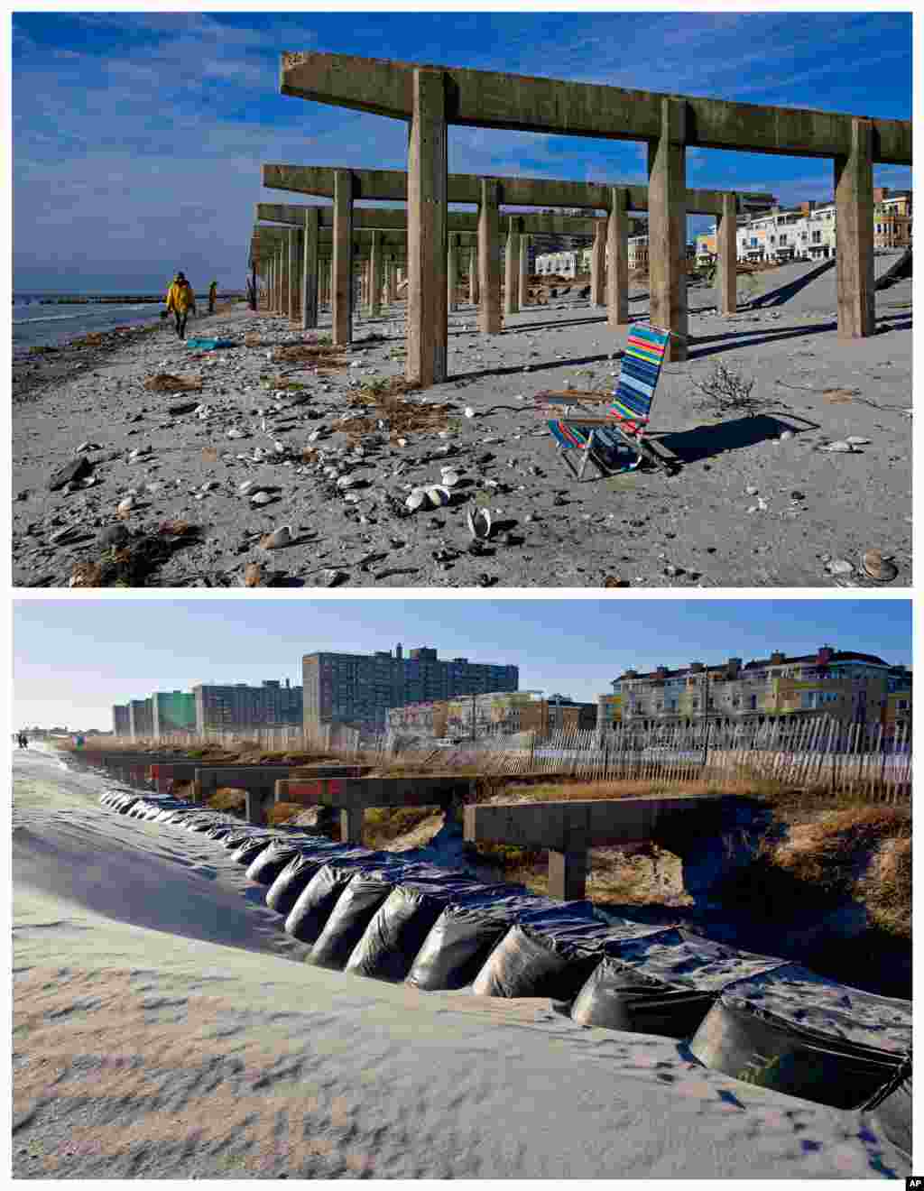 This combination photos shows the beach under what is left of the boardwalk in the wake of Superstorm Sandy in the borough of Queens, New York on Nov. 5, 2012 and Oct. 21, 2013.