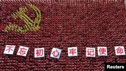 中国浙江省金华市的中共党员手举“不忘初心牢记使命”的标语牌组成中国党旗图案的阵仗。（2019年6月28日）