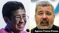 Maria Ressa (kiri), CEO situs Rappler (Filipina), dan Dmitry Muratov, pimred suratkabar Novaya Gazeta (Rusia) dianugerahi Nobel Perdamaian, Jumat (8/10).
