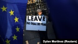 Pristalica Bregzita pred britanskim parlamentom, foto Reuters/Dylan Martinez
