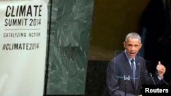 Presiden Barack Obama saat menyampaikan sambutannya dalam KTT Perubahan Iklim di markas besar PBB, New York (23/9).