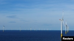FILE - A general view of the DanTysk wind farm, 90 kilometers west of Esbjerg, Denmark, Sept. 21, 2016. 