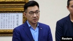 FILE - Chiang Chi-chen, the newly elected chairman of Taiwan's main opposition Kuomintang Party (KMT), speaks during a news conference in Taipei, Taiwan, March 7, 2020.