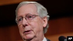 Senate Majority Leader Mitch McConnell of Ky., speaking to members of the media at the Capitol in Washington, Nov. 7, 2018. 