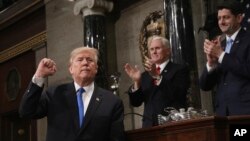 도널드 트럼프 미국 대통령(왼쪽)이 지난해 1월 의회에서 첫 국정연설을 마친 후 주먹을 들어보이고 있다. 마이크 펜스 미국 부통령(가운데)과 폴 라이언 하원의장이 박수를 보내고 있다.