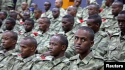 FILE - Somali soldiers attend a training session at a Turkish military base in Mogadishu, Somalia, Sept. 30, 2017.