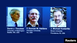 A screen showing pictures of the winners of the 2016 Nobel Prize for Physics during a news conference by the Royal Swedish Academy of Sciences in Stockholm, Sweden October 4, 2016. From left: David Thouless, Duncan Haldane and Michael Kosterlitz. TT News Agency/Anders Wiklund/via REUTERS