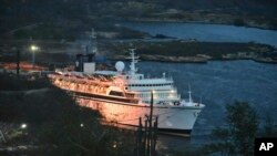 The Freewinds cruise ship is docked in the port of Willemstad, Curacao, May 4, 2019.
