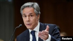 토니 블링컨 미국 국무장관이 21일 2025 회계연도 예산 검토를 위한 상원 외교위원회 청문회에서 발언하고 있다.