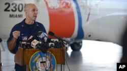 Coast Guard Captain Mark Fedor responds to questions during a press conference on the search-and-rescue missing for container ship El Faro, at Coast Guard Air Station Miami, Florida, Oct. 5, 2015, in a photo provided by the U.S. Coast Guard.