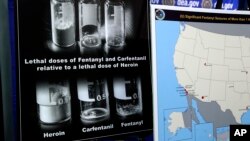 Poster yang membandingkan jumlah heroin, fentanyl, dan carfentanil yang mematikan diperagakan dalam sebuah konferensi media tentang bahanya fentanyl di Kantor Pusat DEA di Arlington, Va, 6 Juni 2017 (foto: AP Photo/Jacquelyn Martin)