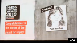 Reporters Without Borders (RSF) awarded Vietnamese journalist and blogger Pham Doan Trang a 2019 Press Freedom Prize for Impact, Sept. 12, 2019 in Berlin.