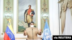 Venezuela's President Nicolas Maduro speaks at the 75th UN annual meeting from Miraflores Palace in Caracas, Venezuela September 22, 2020. Miraflores Palace/Handout via REUTERS ATTENTION EDITORS - THIS PICTURE WAS PROVIDED BY A THIRD PARTY.