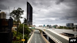 A deserted Riverside Expressway is seen on the first day of a snap lockdown in Brisbane on Jan. 9, 2021, with officials elsewhere in Australia on 'high alert'" over the emergence of more contagious strains of COVID-19.