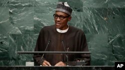 Nigerian President Muhammadu Buhari speaks during the 71st session of the United Nations General Assembly, Sept. 20, 2016, at U.N. headquarters.