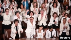 Democratic female members of Congress cheer after President Donald Trump said there are more women in Congress than ever before during his second State of the Union address to a joint session of Congress at the U.S. Capitol in Washington, Feb. 5, 2019.