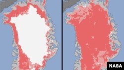 This satellite image from NASA shows the extent of surface melt over Greenland’s ice sheet on July 8, 2012 (left) and July 12, 2012 (right). 