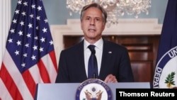 Menteri Luar Negeri AS Antony Blinken berbicara tentang Afghanistan di Departemen Luar Negeri di Washington. (Foto: Reuters)