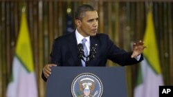 U.S. President Barack Obama speaks at Rangoon University’s Convocation Hall in Rangoon, Burma, Monday, Nov. 19, 2012.