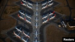 An aerial photo shows Boeing 737 MAX aircraft at Boeing facilities at the Grant County International Airport in Moses Lake, Washington, Sept. 16, 2019.
