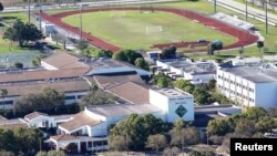 FILE - An aerial view shows Marjory Stoneman Douglas High School following a mass shooting in Parkland, Florida, U.S., Feb. 16, 2018.