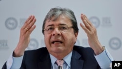 Colombia's Foreign Minister Carlos Holmes Trujillo gives a press conference during the 49th OAS General Assembly in Medellin, Colombia, June 26, 2019. 