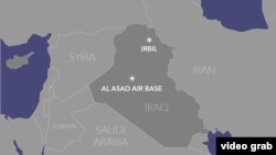 Mapa na kojoj se vide vojne baze Al Asad i Irbil u Iraku