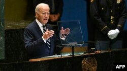 Американскиот претседател зборува за време на 79-та сесија на Генералното собрание на Обединетите нации во седиштето на ОН во Њујорк, на 24 септември 2024 година. (Фото: АФП)