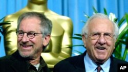 FILE - Steven Spielberg (left) with his father, Arnold, in Beverly Hills, Calif. on Feb. 13, 2006.
