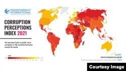 ក្រាហ្វិក​ផែនទី​របស់​អង្គការ​តម្លាភាព​អន្តរជាតិ (Transparency International ) បង្ហាញពី​លទ្ធផល​នៃ​សន្ទស្សន៍​នៃ​ការ​យល់​ដឹង​អំពី​អំពើ​ពុក​រលួយ​ឆ្នាំ​២០២១។