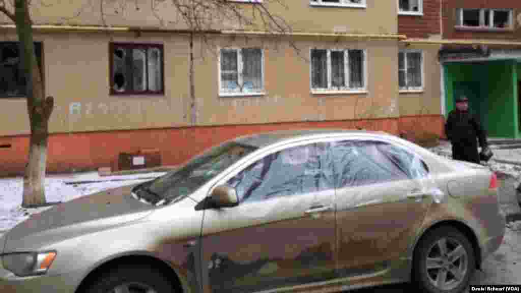 Damage from an artillery attack is seen in a residential area of Kramatorsk, eastern Ukraine, Feb. 10, 2015.
