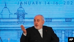 Iranian Foreign Minister Mohammad Javad Zarif speaks at the Raisina Dialogue 2020 in New Delhi, India, Jan. 15, 2020. 