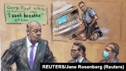 Sketsa persidangan perdana Derek Chauving, polisi yang dituduh membunuh pria kulit hitam, George Floyd, saat mengamankan pria tersebut, di Minneapolis, Senin, 29 Maret 2021.