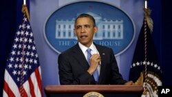 Presiden Barack Obama dalam konferensi pers di Gedung Putih, Washington (30/4).