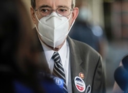 Congressman Eliot Engel addresses media after casting votes in primary elections, in the Riverdale section of New York, June 23, 2020.